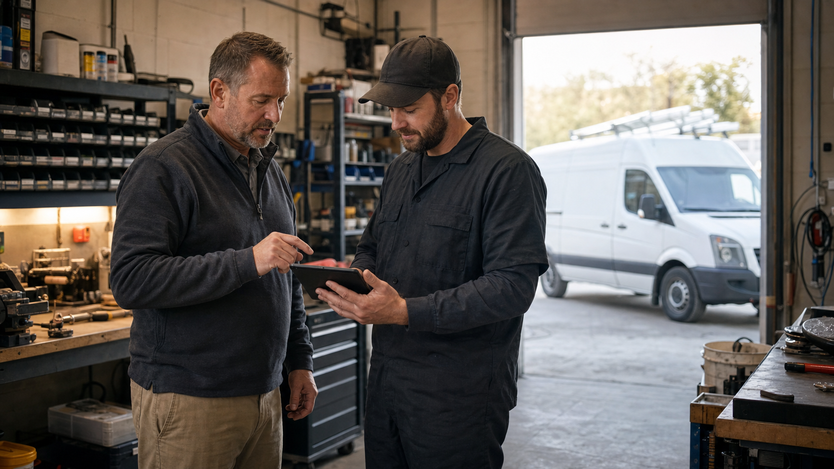 Service business owner and technician reviewing work near a white service van