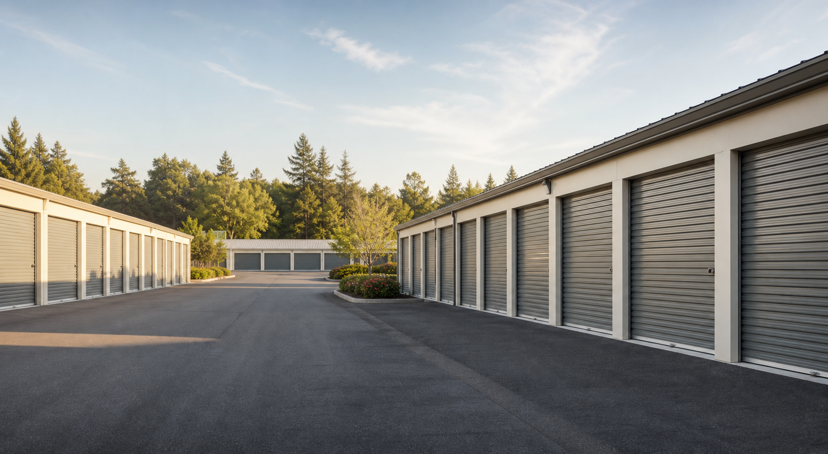 Drive-up self-storage units with roll-up doors and a paved access lane